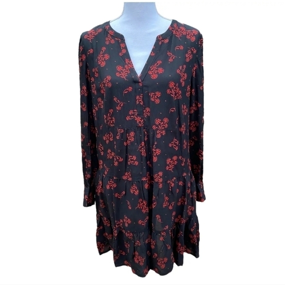 LOFT Womens Size Large Black Red Floral Tiered Dress Long Sleeve Split Neck - Picture 1 of 9